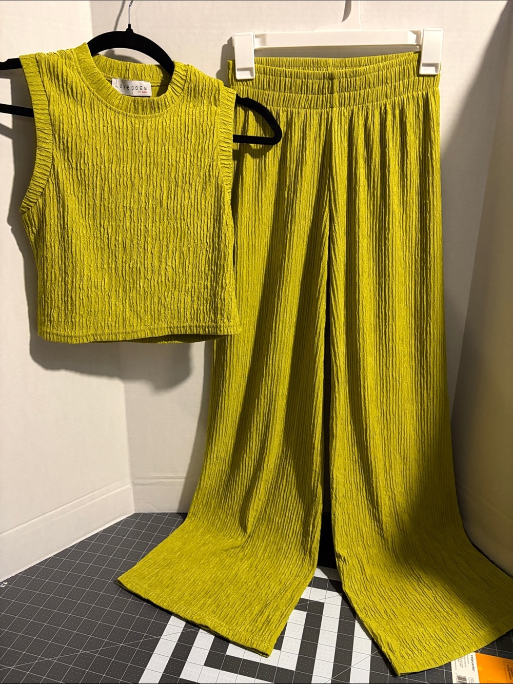 Sleeveless Crinkle Crop Top & Wide-Leg Pants Set in Vibrant Chartreuse